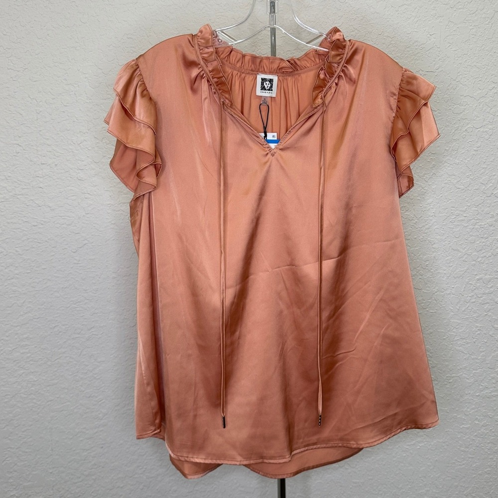 Anne Klein Warm Sand Satin Ruffle Tie Neck Flutter Sleeve Blouse XL 10885225-4BT